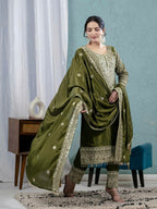 Prazu Fashion Mahendi Chinon Silk Embroidered Salwar Suit | Grocsy