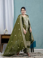 Prazu Fashion Mahendi Chinon Silk Embroidered Salwar Suit | Grocsy