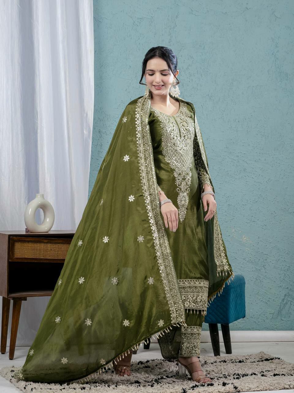 Prazu Fashion Mahendi Chinon Silk Embroidered Salwar Suit | Grocsy