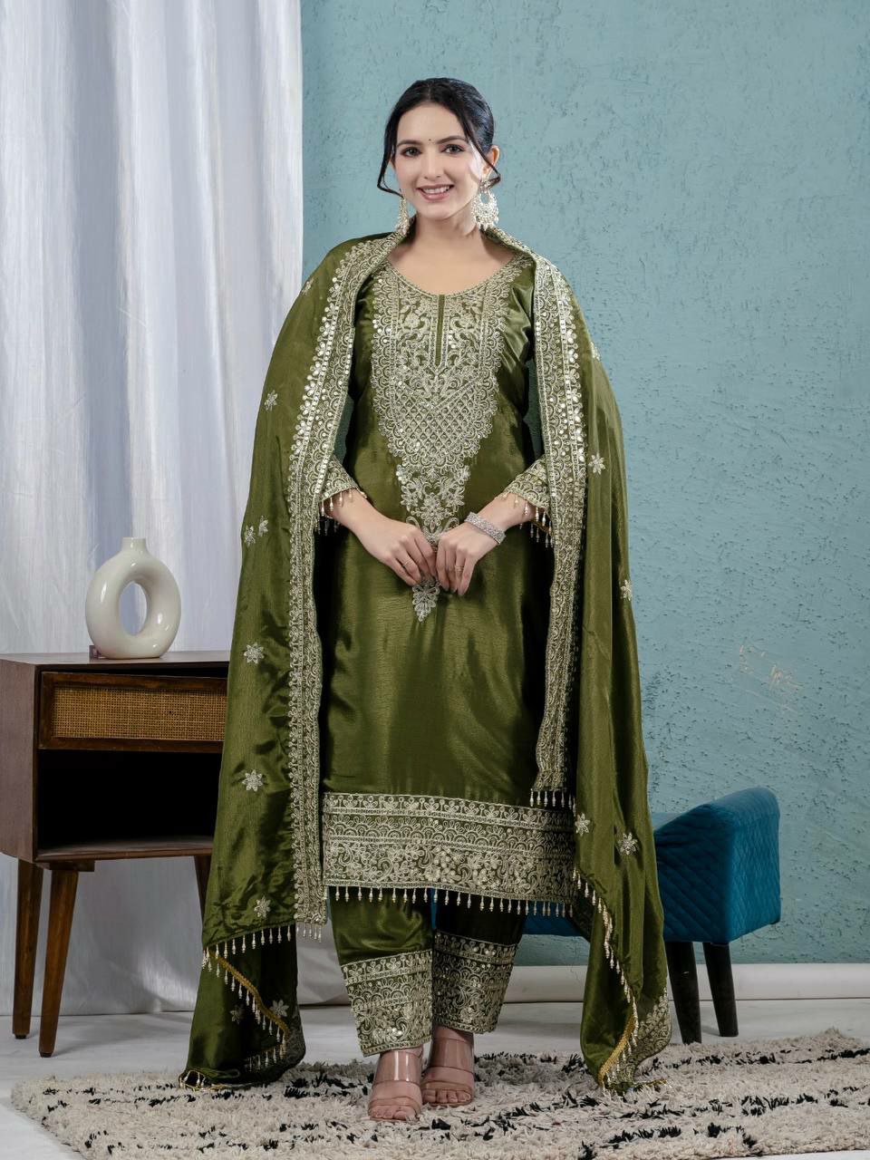Prazu Fashion Mahendi Chinon Silk Embroidered Salwar Suit | Grocsy