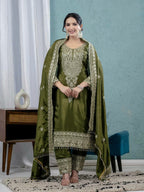 Prazu Fashion Mahendi Chinon Silk Embroidered Salwar Suit | Grocsy