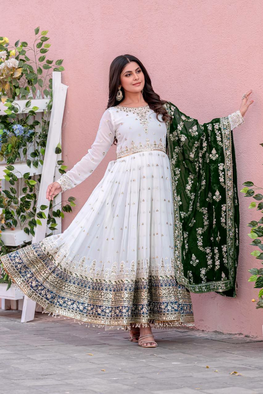 Prazu Fashion Off White Georgette Embroidered Anarkali Suit | Grocsy