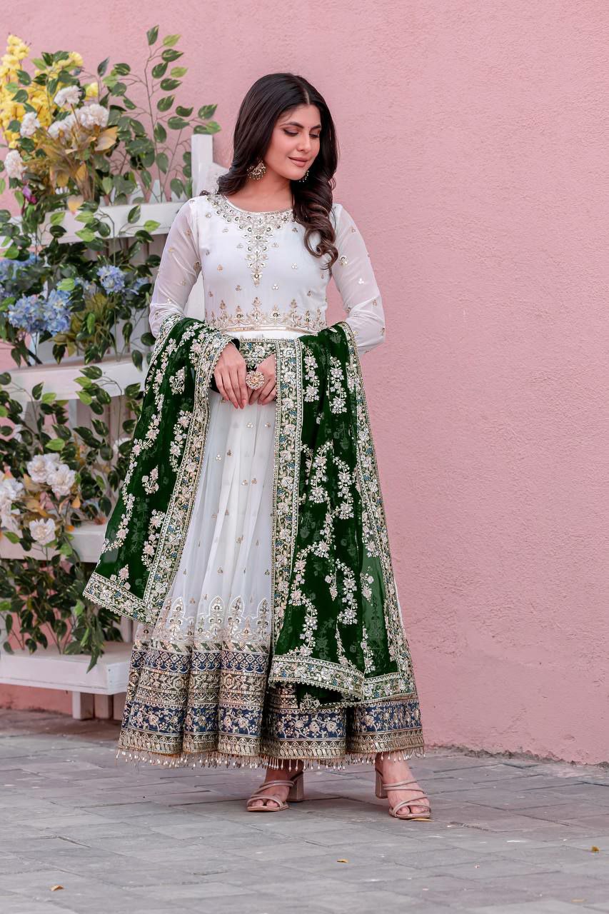 Prazu Fashion Off White Georgette Embroidered Anarkali Suit | Grocsy