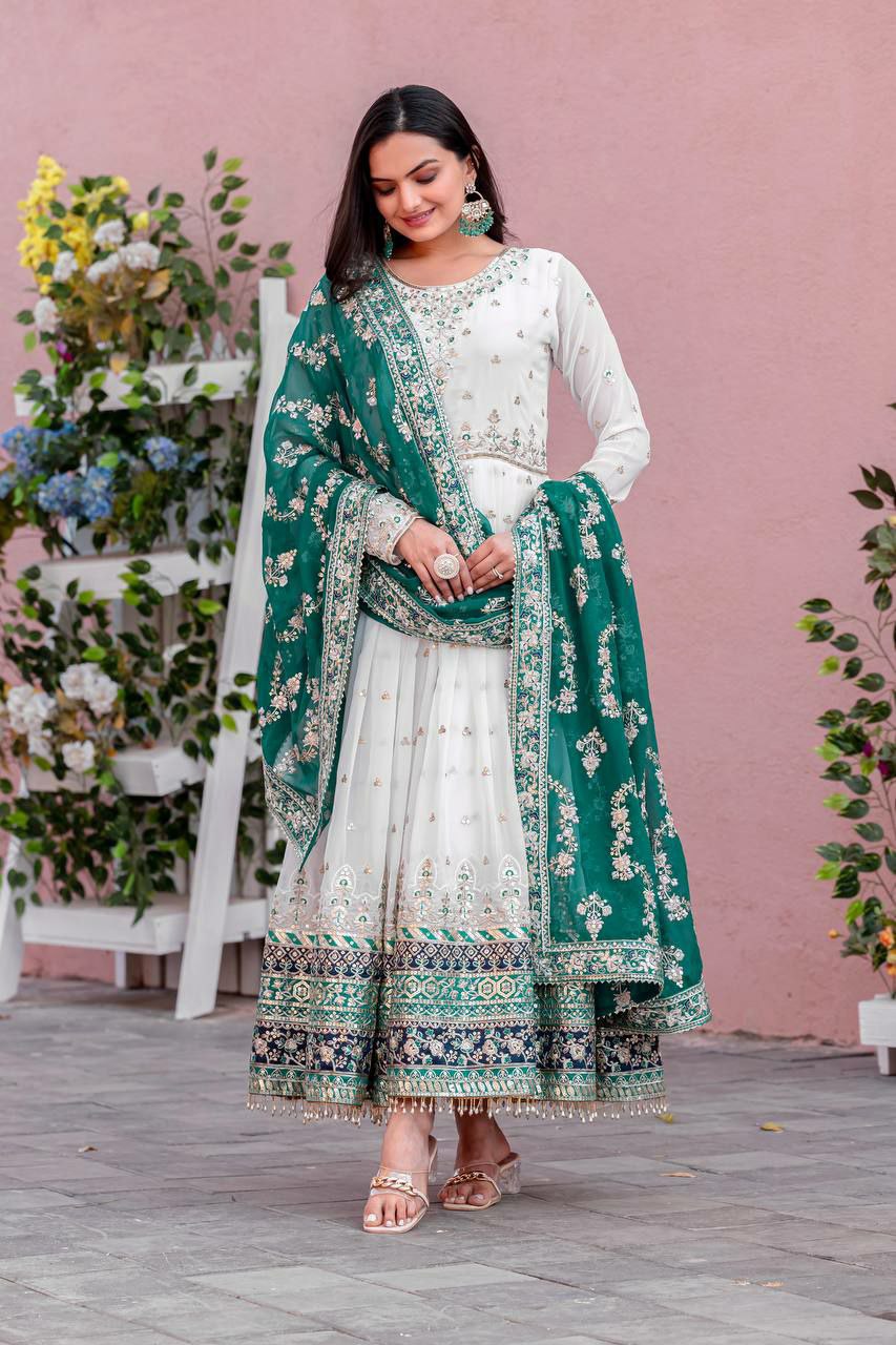 Prazu Fashion Off White Georgette Embroidered Anarkali Suit | Grocsy