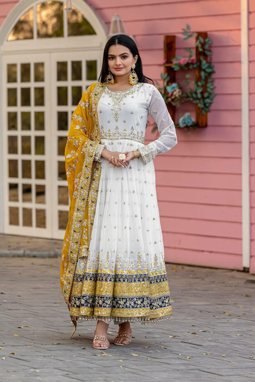 Prazu Fashion Off White Georgette Embroidered Anarkali Suit | Grocsy