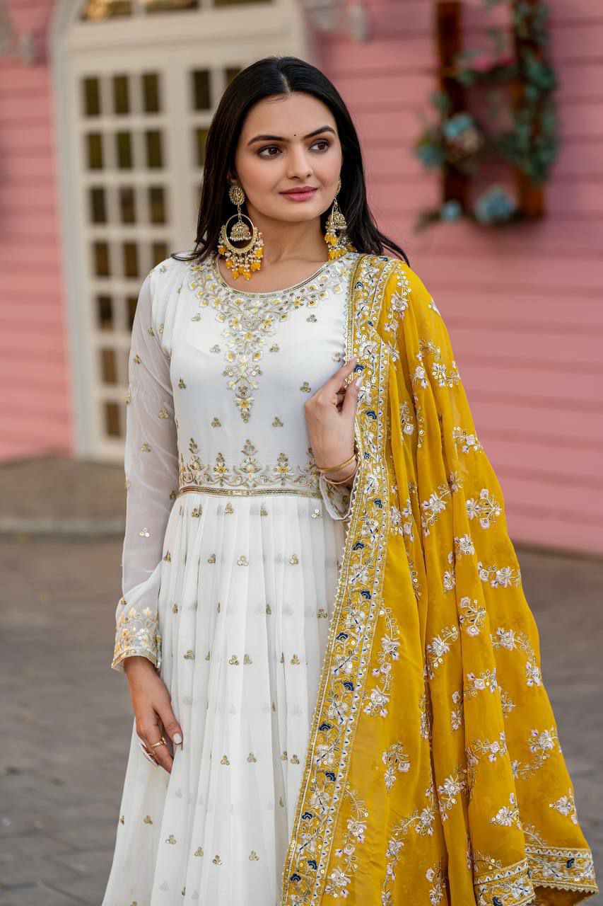 Prazu Fashion Off White Georgette Embroidered Anarkali Suit | Grocsy