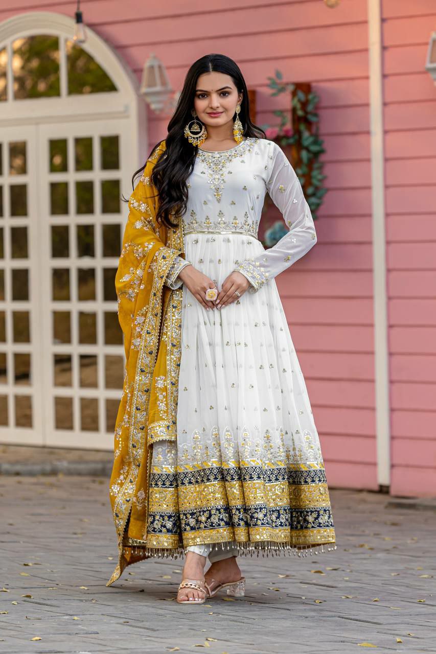 Prazu Fashion Off White Georgette Embroidered Anarkali Suit | Grocsy