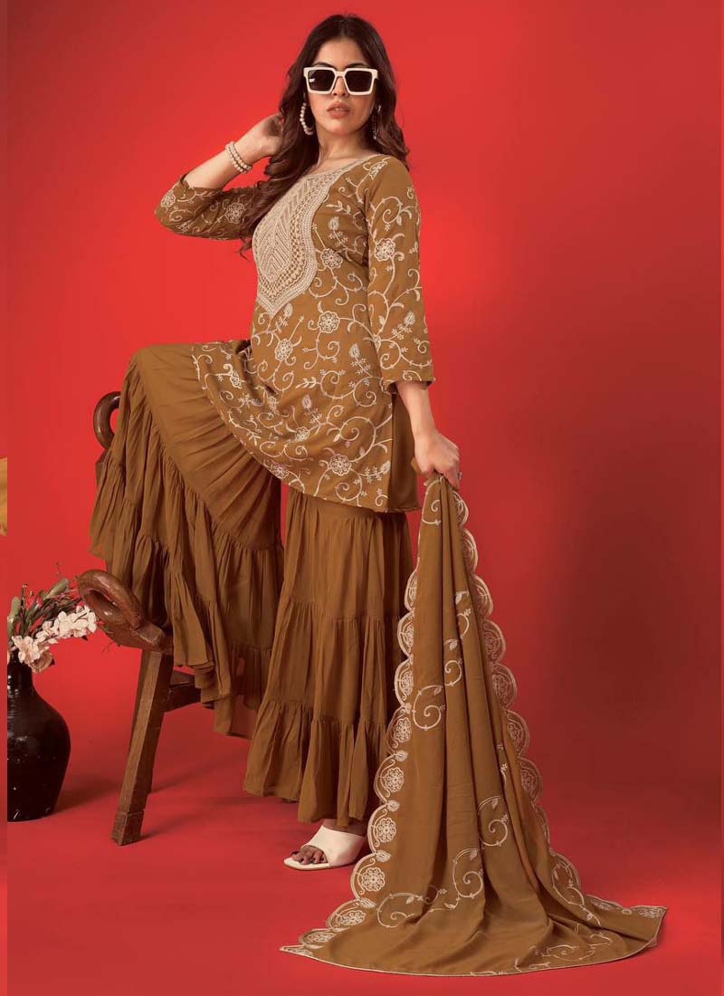 Prazu Fashion Beige Georgette Embroidered Sharara Suit | Grocsy