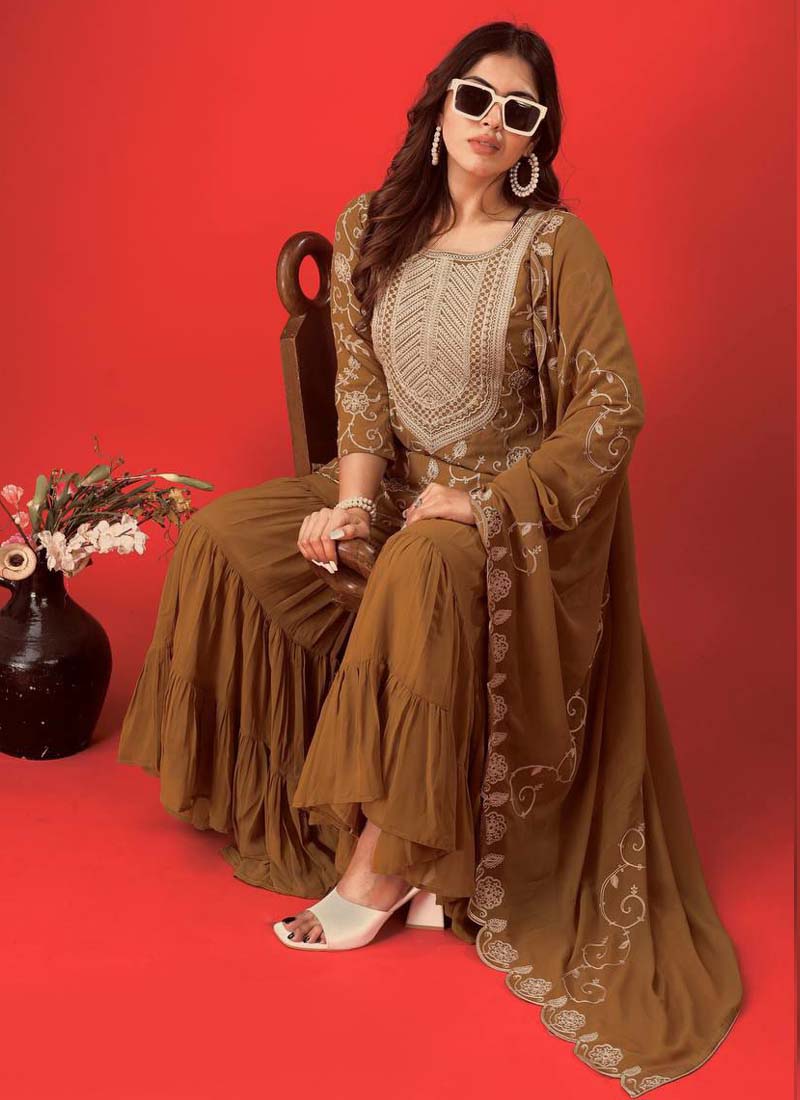 Prazu Fashion Beige Georgette Embroidered Sharara Suit | Grocsy