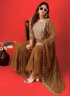 Prazu Fashion Beige Georgette Embroidered Sharara Suit | Grocsy