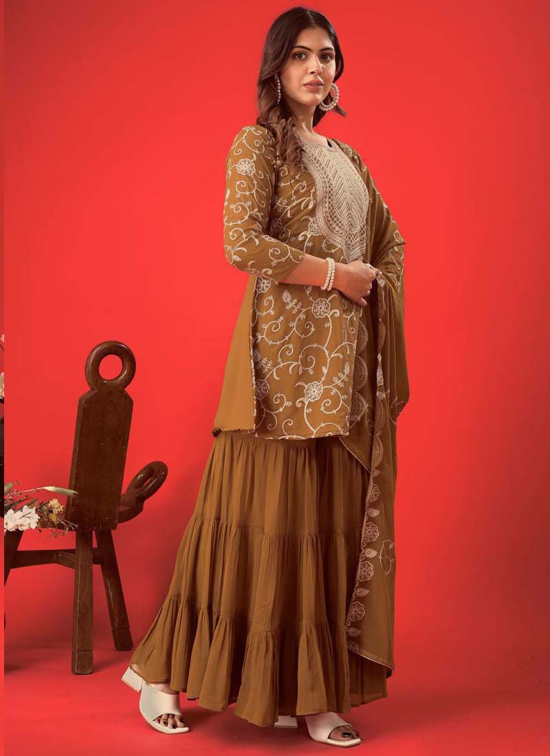 Prazu Fashion Beige Georgette Embroidered Sharara Suit | Grocsy