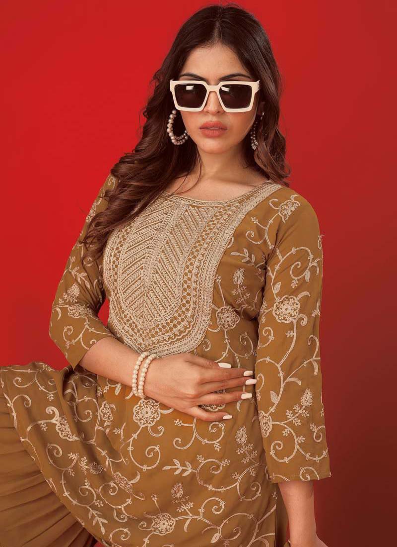 Prazu Fashion Beige Georgette Embroidered Sharara Suit | Grocsy