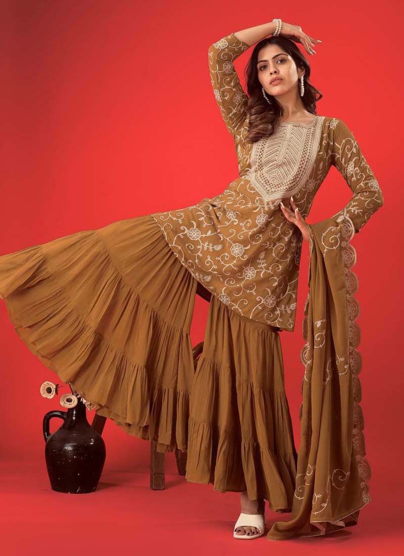 Prazu Fashion Beige Georgette Embroidered Sharara Suit | Grocsy