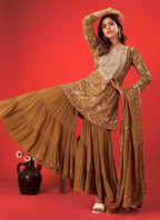 Prazu Fashion Beige Georgette Embroidered Sharara Suit | Grocsy