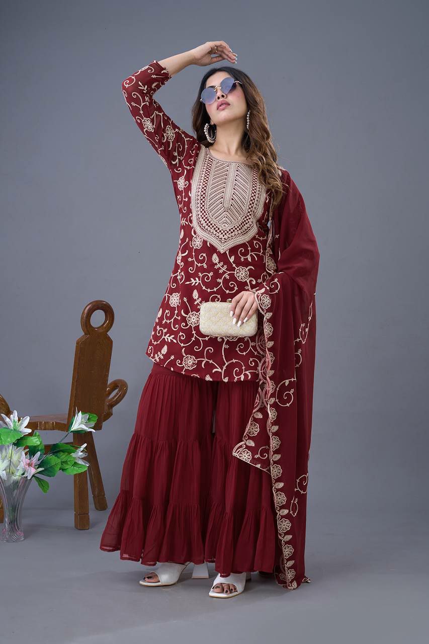 Prazu Fashion Maroon Georgette Embroidered Sharara Suit | Grocsy