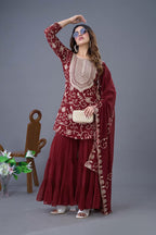 Prazu Fashion Maroon Georgette Embroidered Sharara Suit | Grocsy