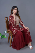 Prazu Fashion Maroon Georgette Embroidered Sharara Suit | Grocsy