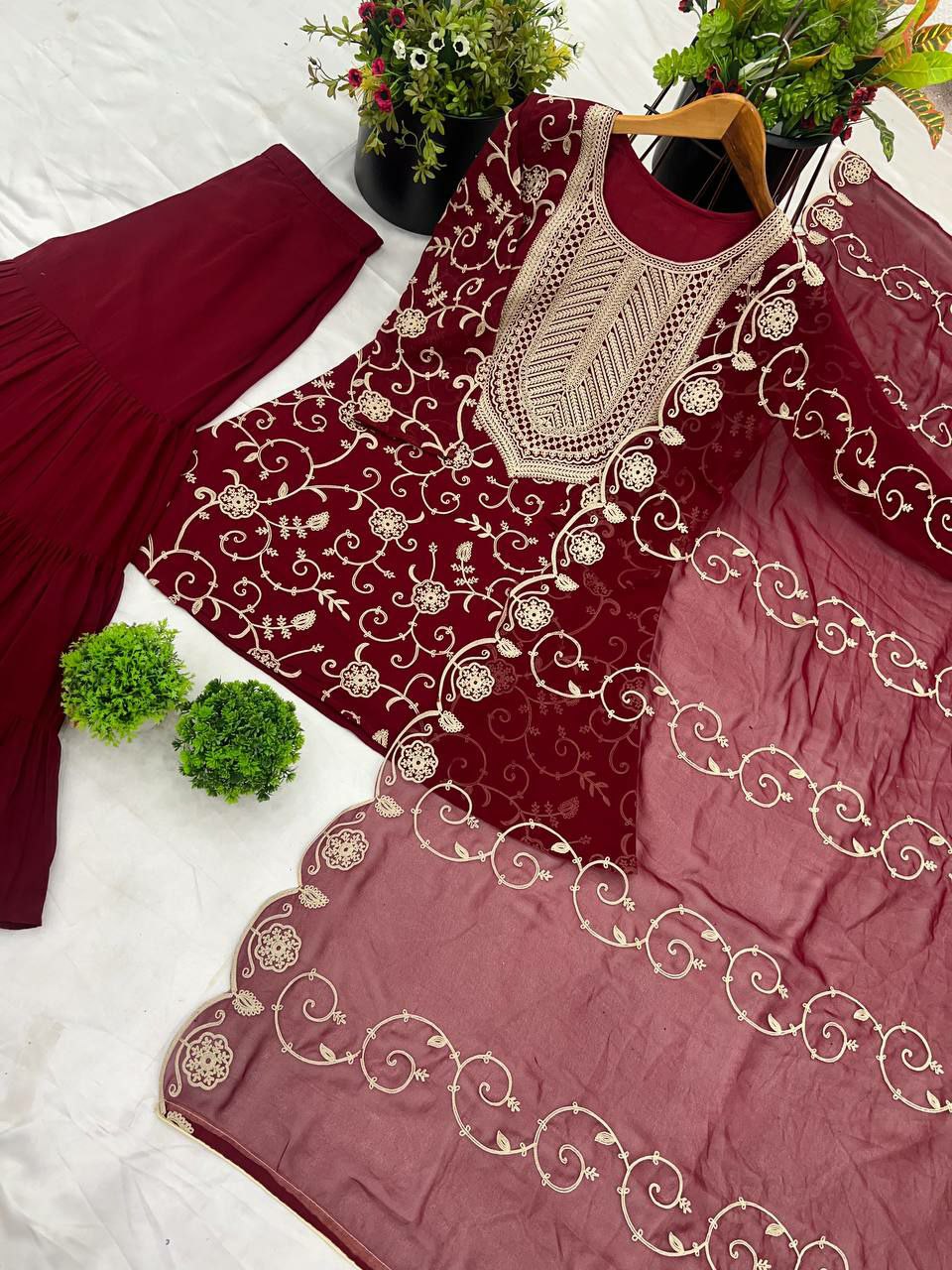 Prazu Fashion Maroon Georgette Embroidered Sharara Suit | Grocsy