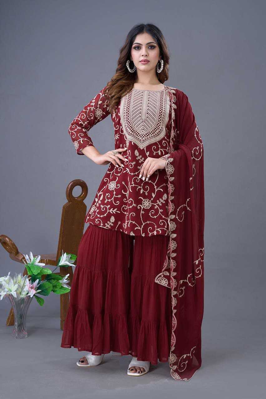 Prazu Fashion Maroon Georgette Embroidered Sharara Suit | Grocsy