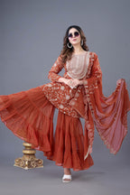 Prazu Fashion Orange Georgette Embroidered Sharara Suit | Grocsy