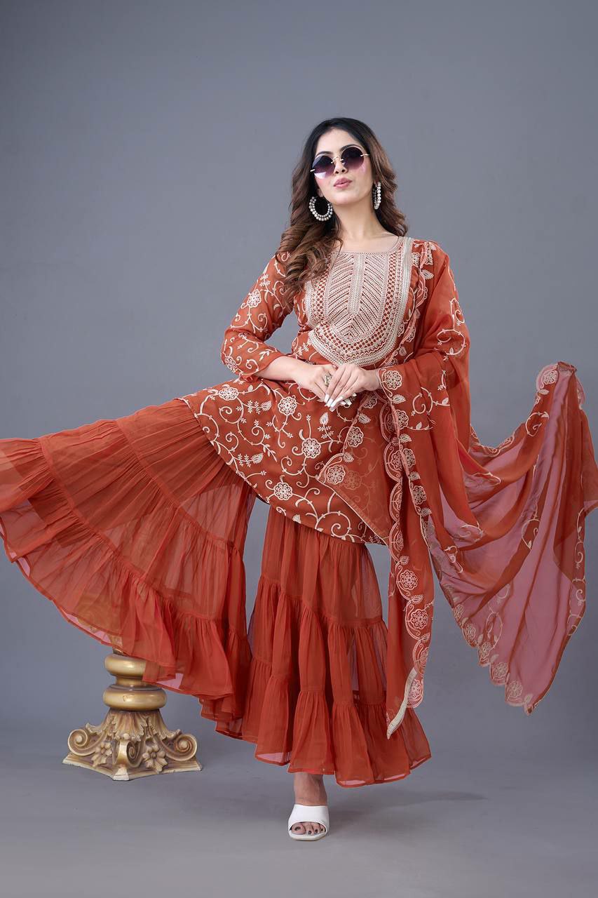 Prazu Fashion Orange Georgette Embroidered Sharara Suit | Grocsy