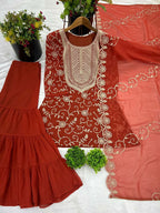 Prazu Fashion Orange Georgette Embroidered Sharara Suit | Grocsy