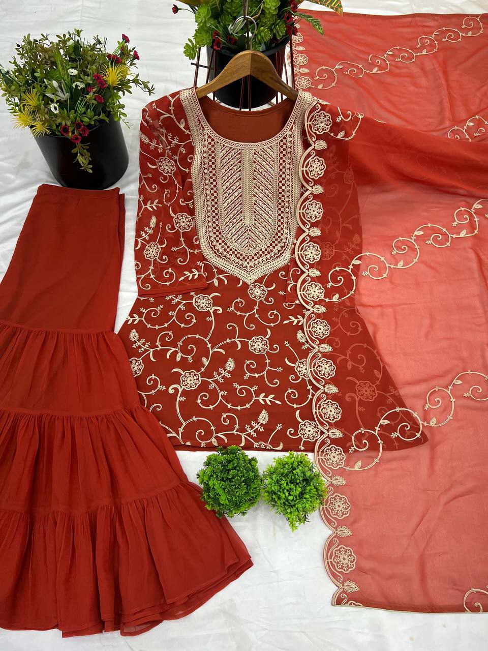 Prazu Fashion Orange Georgette Embroidered Sharara Suit | Grocsy
