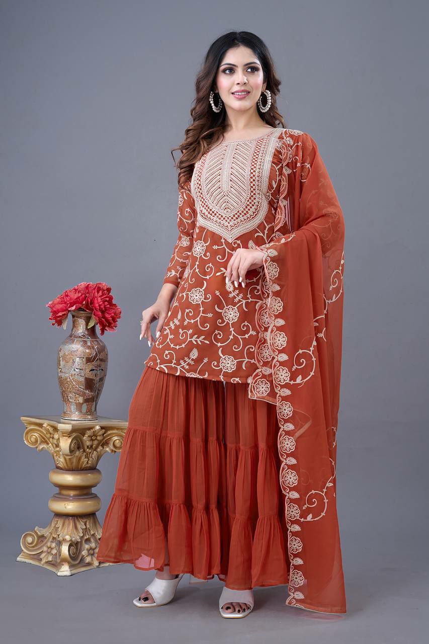 Prazu Fashion Orange Georgette Embroidered Sharara Suit | Grocsy