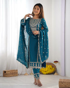 Prazu Fashion Turquoise Chinon Silk Embroidered Salwar Suit | Grocsy