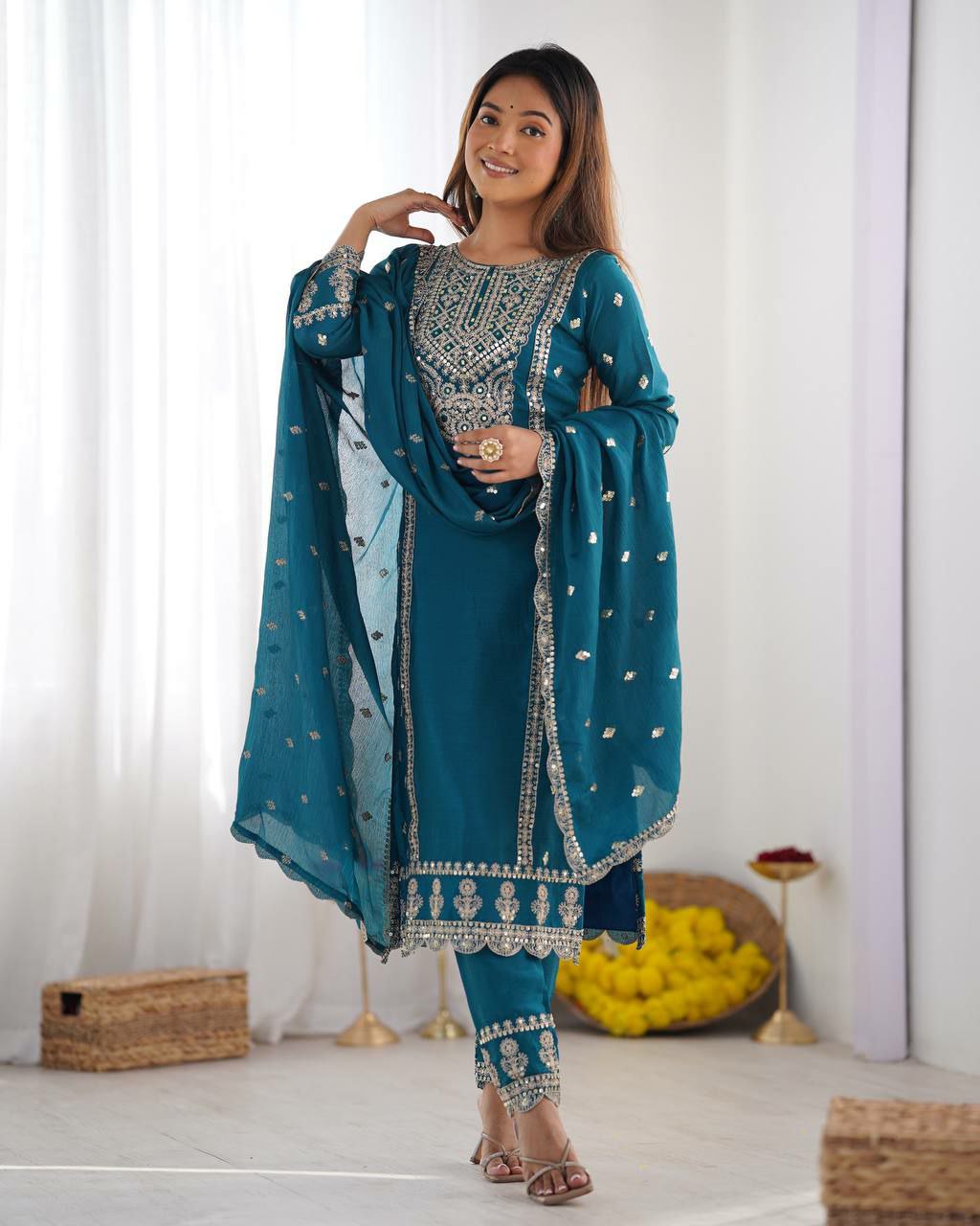 Prazu Fashion Turquoise Chinon Silk Embroidered Salwar Suit | Grocsy