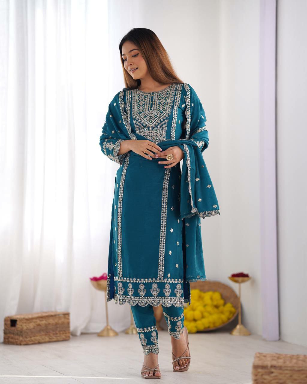Prazu Fashion Turquoise Chinon Silk Embroidered Salwar Suit | Grocsy