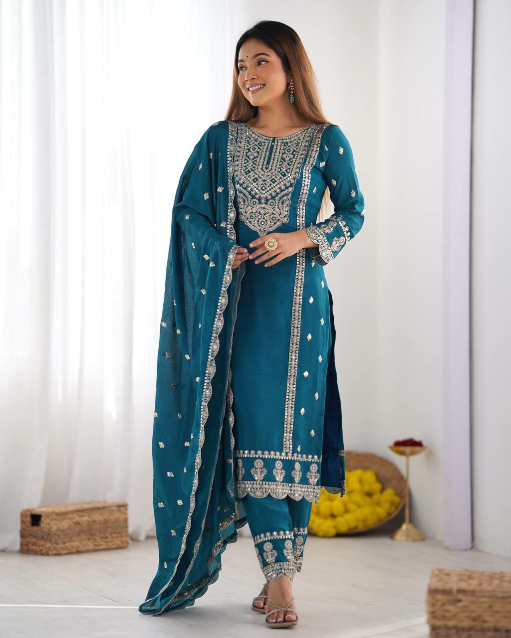Prazu Fashion Turquoise Chinon Silk Embroidered Salwar Suit | Grocsy