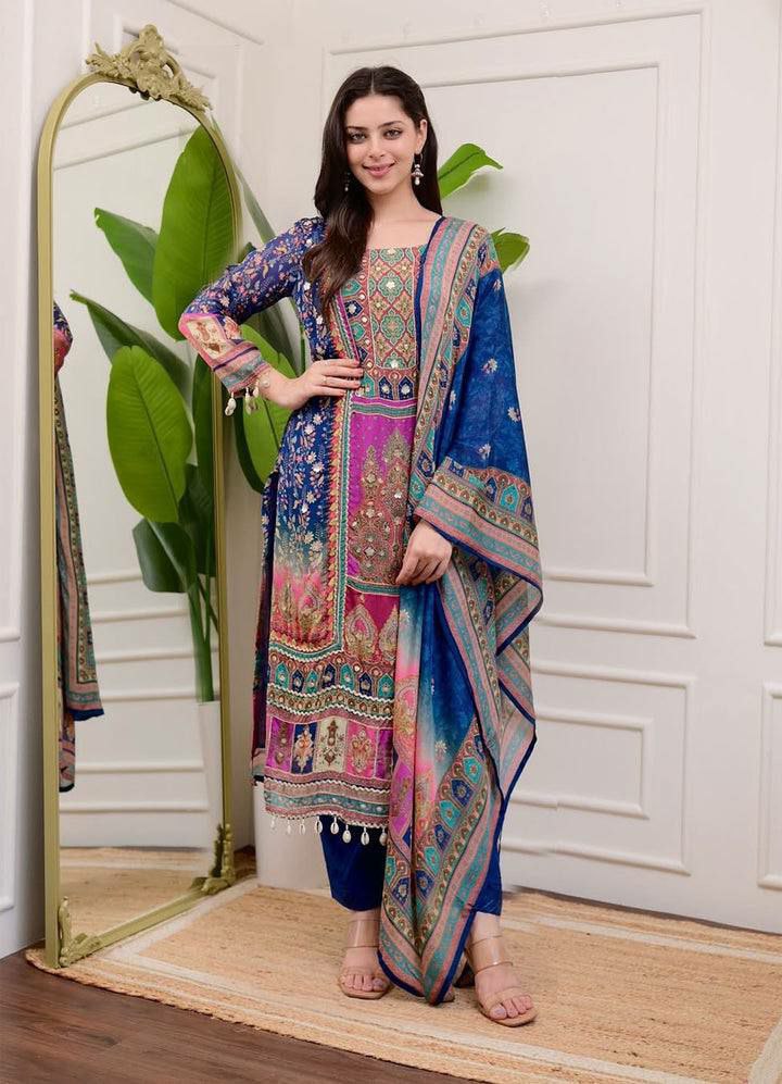 Prazu Fashion Multi Color Chinon Silk Printed Salwar Suit | Grocsy