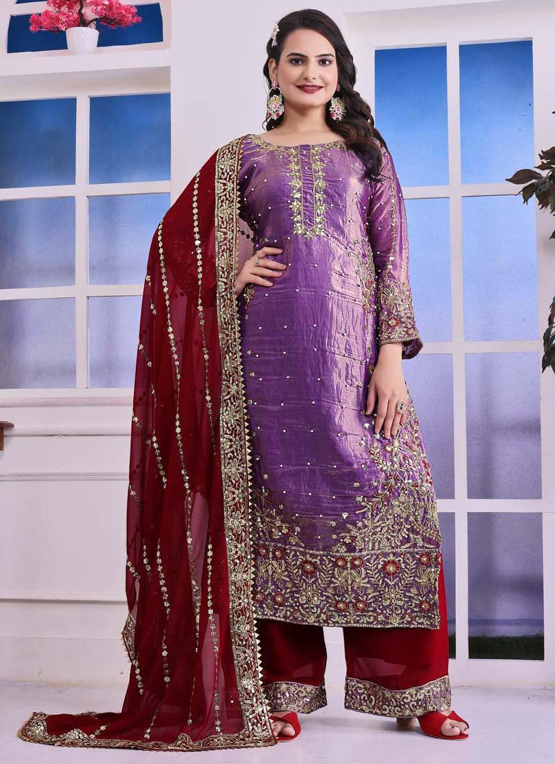 Prazu Fashion Lavender Silk Embroidered Plazzo Suit | Grocsy