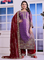 Prazu Fashion Lavender Silk Embroidered Plazzo Suit | Grocsy