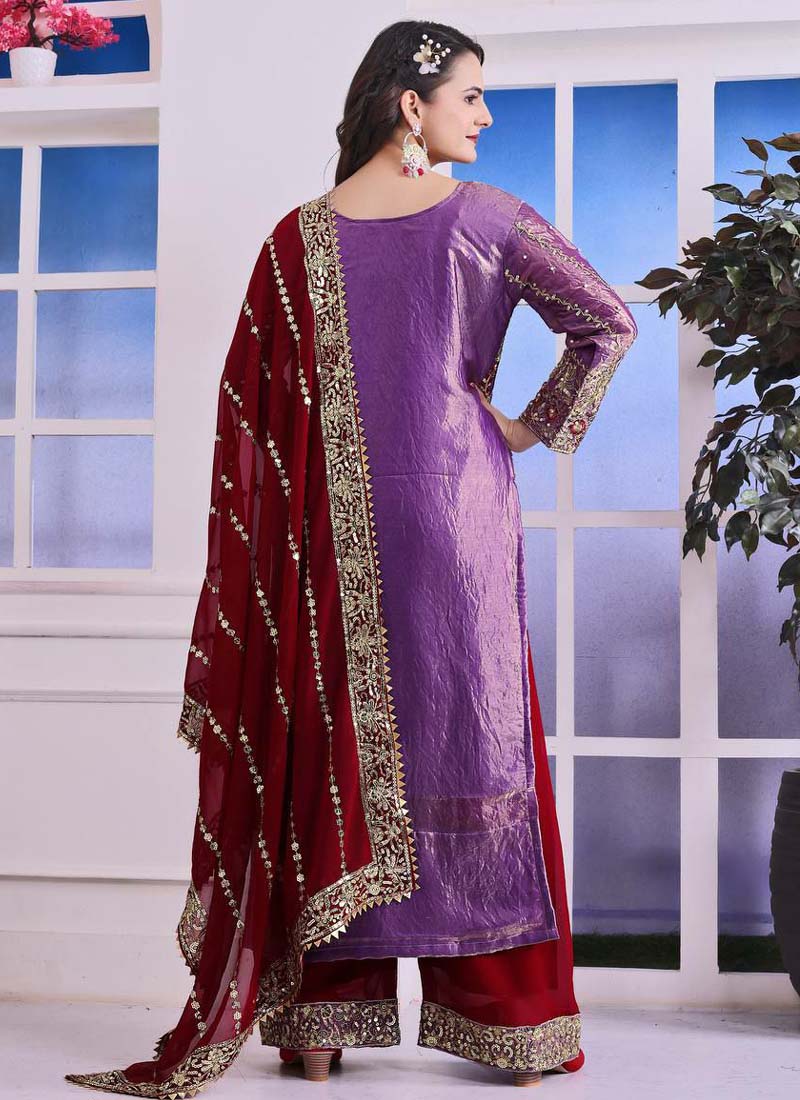 Prazu Fashion Lavender Silk Embroidered Plazzo Suit | Grocsy