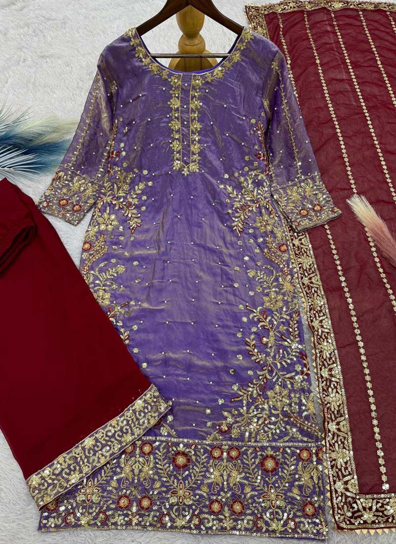 Prazu Fashion Lavender Silk Embroidered Plazzo Suit | Grocsy