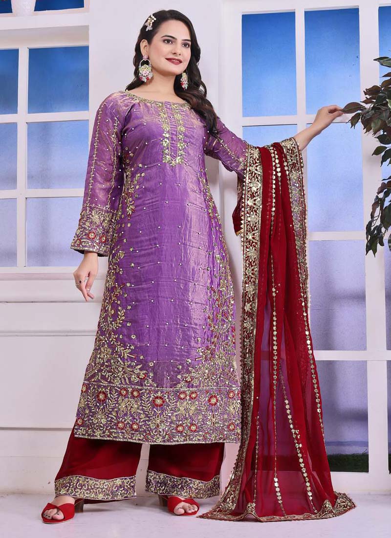 Prazu Fashion Lavender Silk Embroidered Plazzo Suit | Grocsy