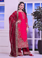 Prazu Fashion Red Silk Embroidered Palazzo Suit | Grocsy