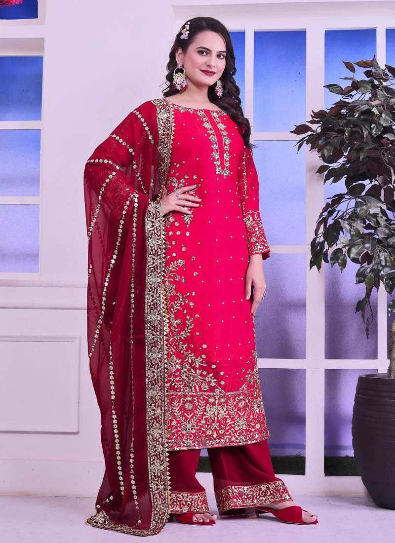 Prazu Fashion Red Silk Embroidered Palazzo Suit | Grocsy