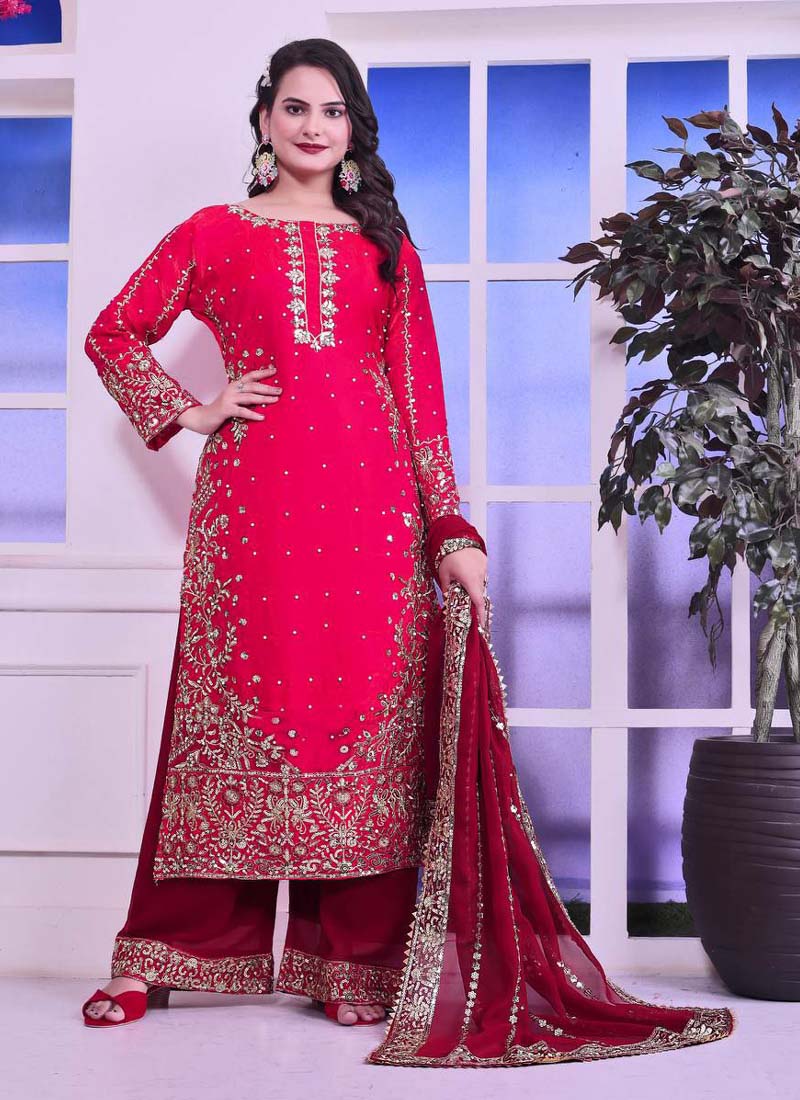 Prazu Fashion Red Silk Embroidered Palazzo Suit | Grocsy