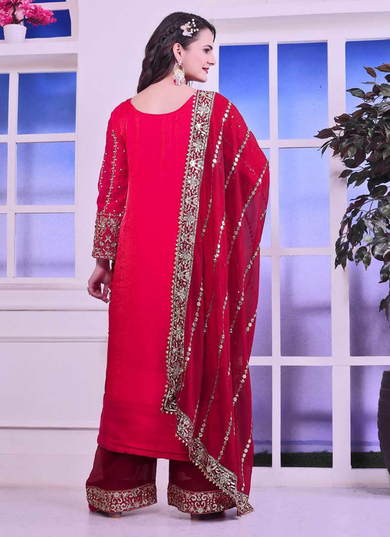 Prazu Fashion Red Silk Embroidered Palazzo Suit | Grocsy