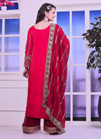 Prazu Fashion Red Silk Embroidered Palazzo Suit | Grocsy