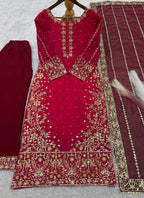 Prazu Fashion Red Silk Embroidered Palazzo Suit | Grocsy