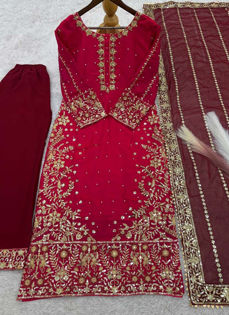 Prazu Fashion Red Silk Embroidered Palazzo Suit | Grocsy