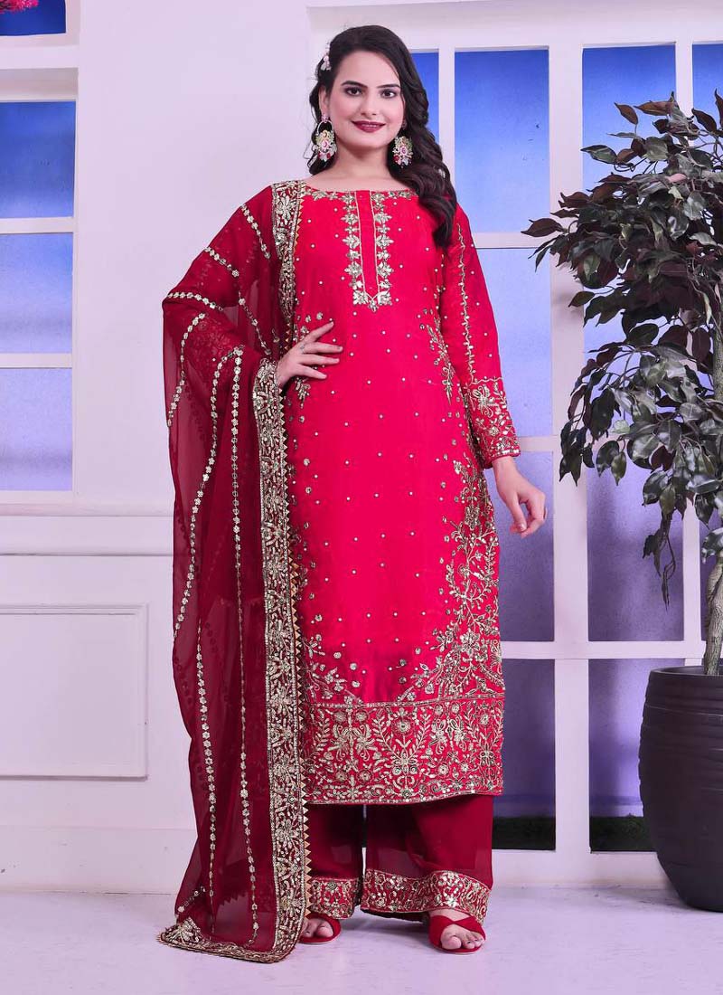 Prazu Fashion Red Silk Embroidered Palazzo Suit | Grocsy