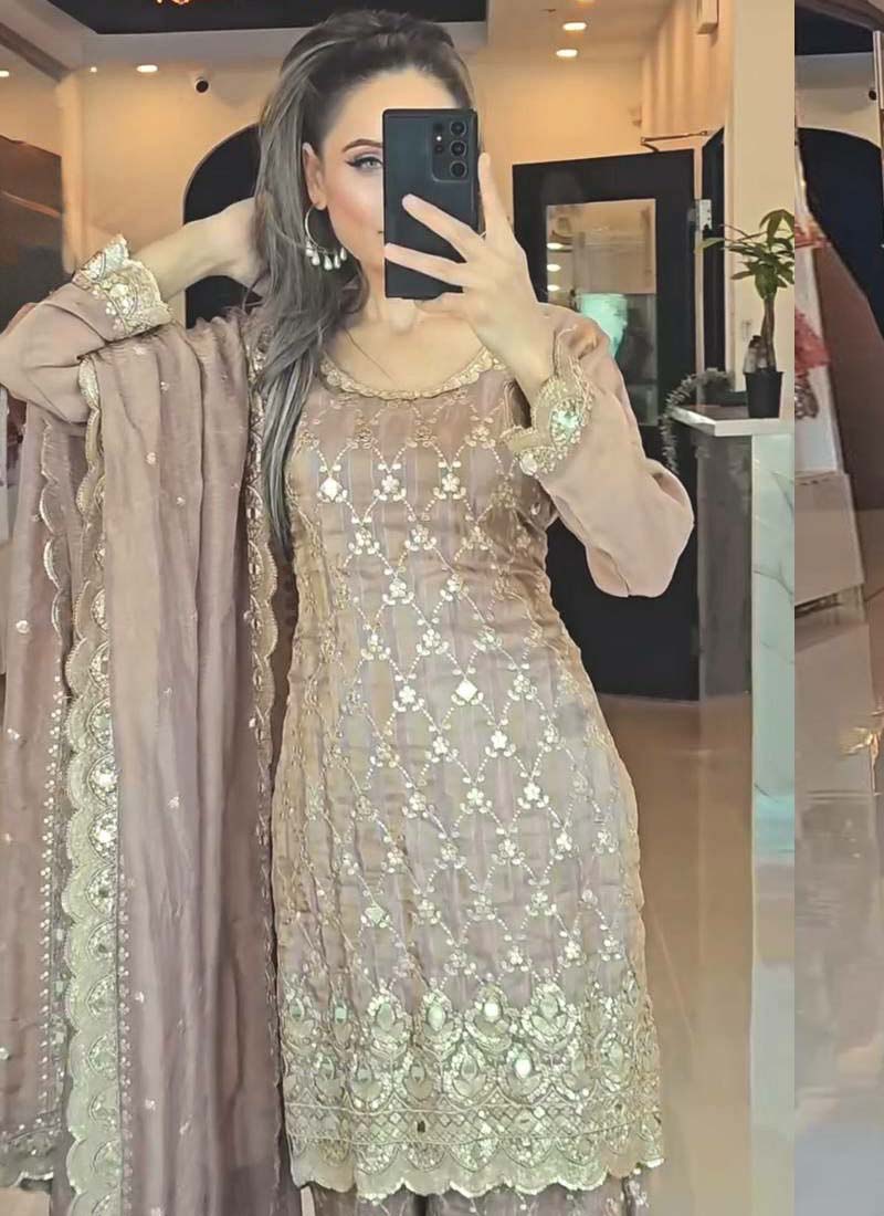 Prazu Fashion Beige Chinon Silk Embroidered Sharara Suit | Grocsy