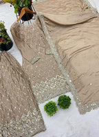 Prazu Fashion Beige Chinon Silk Embroidered Sharara Suit | Grocsy
