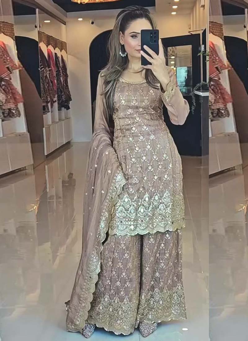 Prazu Fashion Beige Chinon Silk Embroidered Sharara Suit | Grocsy