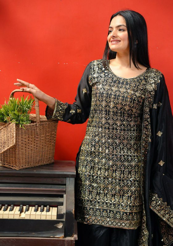 Prazu Fashion Black Chinon Silk Embroidered Sharara Suit | Grocsy
